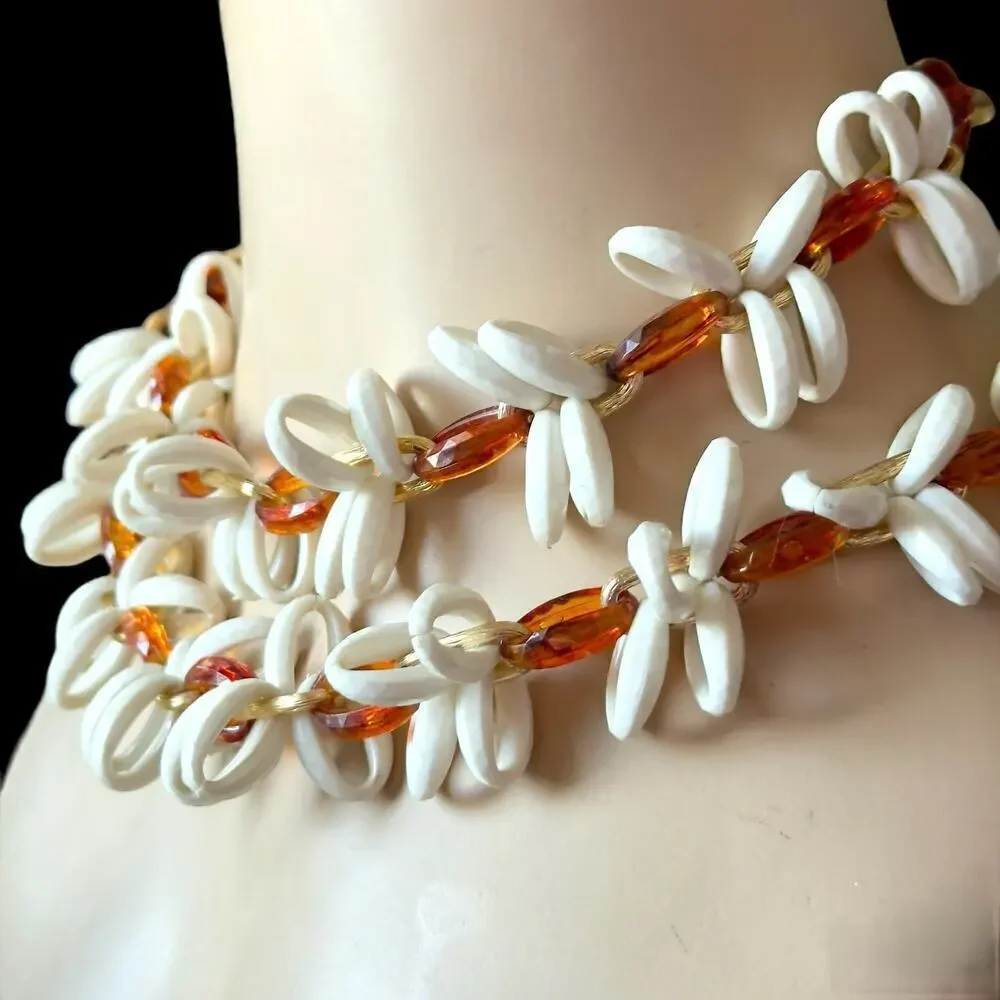 30” Lucite Chain Necklace in White and Warm Brown Tortoiseshell Vintage 1960’s